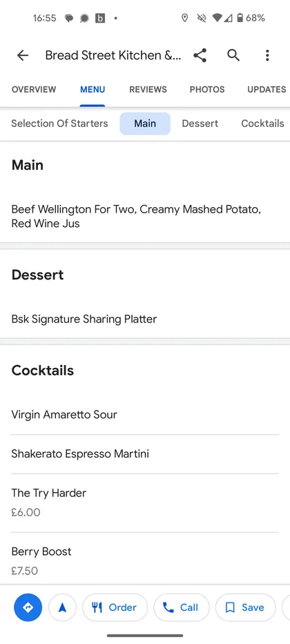 Google Maps menu entry for Bread Street showing a single main item and a single dessert.