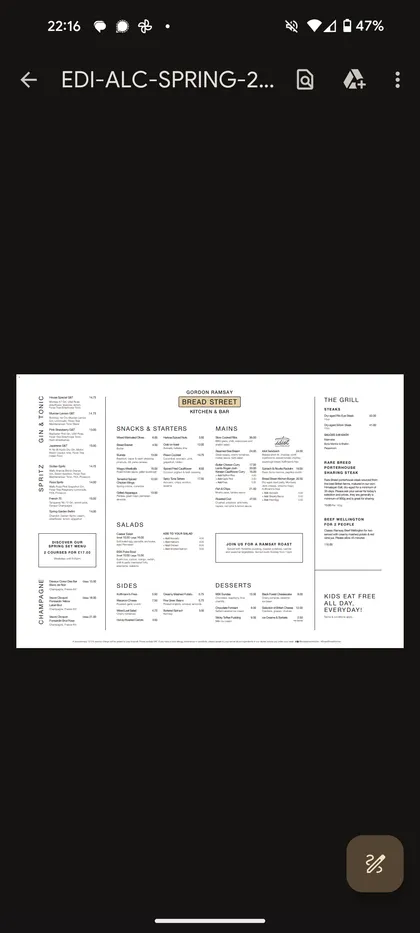 Full-screen view of the Gordon Ramsey Bread Street menu, which is too dofficult to read at the zoom level.