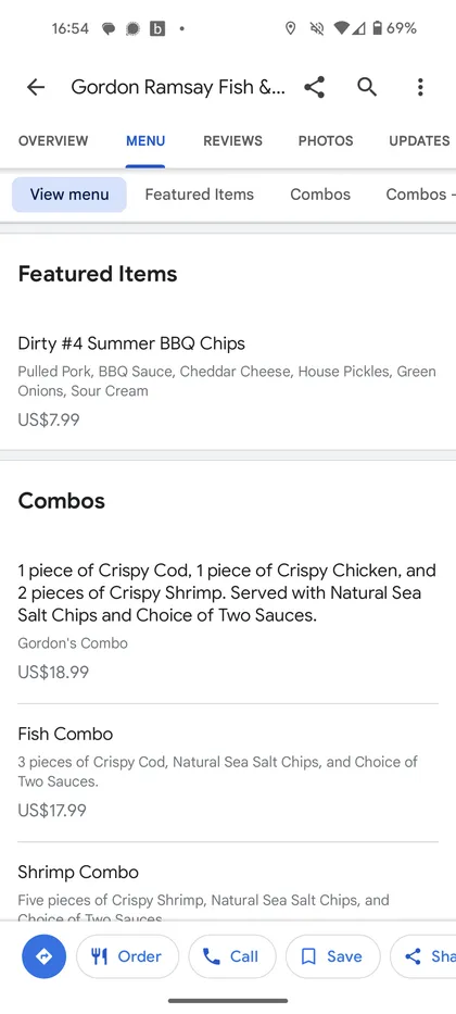 Google Maps menu entry for NYC showing various menu items matching the website.