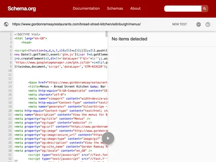 schema.org validator result for gordonramsayrestaurants.com/bread-street-kitchen/edinburgh/menus/ showing 'No items detected' result.