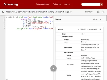 schema.org validator result for gordonramsayrestaurants.com/en/us/fish-and-chips/menus/fish-chips-nyc showing fully validatoed menu results